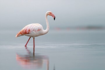 Graceful flamingo stands in tranquil water, its vibrant pink plumage mirroring in a serene, minimalist aquatic landscape.