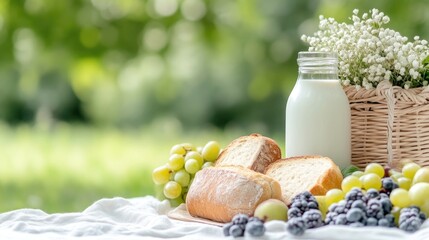Picnic basket with bread, milk, and fruit