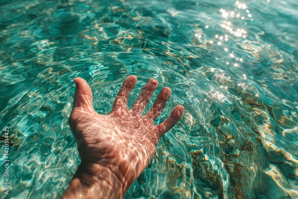 Poster human hand extended into crystal-clear turquoise water with shimmering sunlight reflections creating