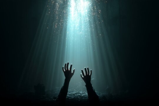 Hands reaching for bright light emerging from darkness symbolizing hope and a yearning for salvation and guidance