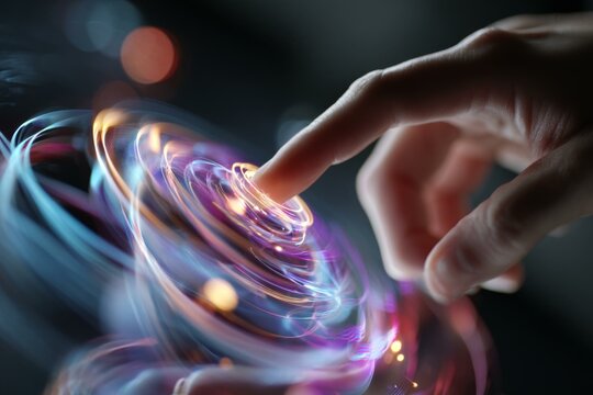 Finger interacts with futuristic holographic swirl, digital interface touch, technology concept, innovation idea