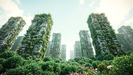 Surreal urban landscape with skyscrapers entwined in ivy and flowers showcasing a transformation into green towers