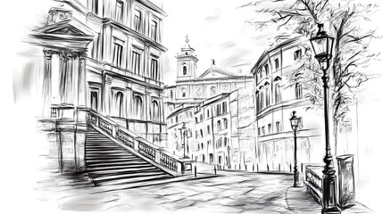 Sketch of a European city street with classical architecture stone steps and vintage street lamps under a bare tree.