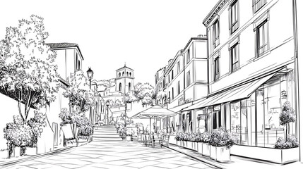 Black and white sketch of a charming European street with buildings shops trees and a distant church tower.