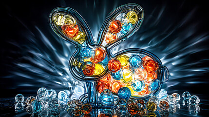 A radiant glass rabbit sculpture filled with colorful orbs set against a dramatic light-streaked backdrop.