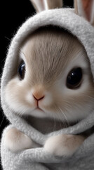 Obraz premium Niedliches hellbraunes Kaninchen eingewickelt in eine beige Decke mit Fokus auf das Gesicht