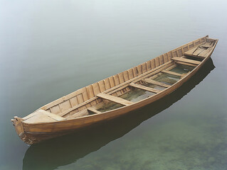 A wooden canoe partially filled with water rests serenely on a misty calm lake.