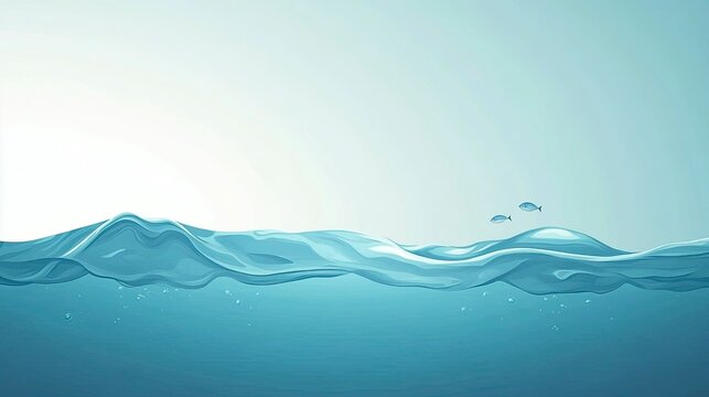 Minimalistic Vector Design of a Clean Blue Ocean with Waves and Fish  