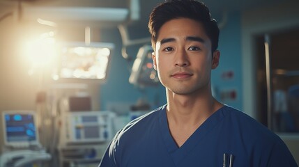Fototapeta premium Portrait of a Confident Young Asian Male Doctor Wearing a Blue Scrubs Uniform in a Modern Hospital Operating Room Setting Professional Healthcare Medical Worker Serious Expression man team nurse staff