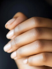 Close-up shot of intertwined tan-skinned hands against a dark backdrop highlighting the natural texture and warmth of the skin.