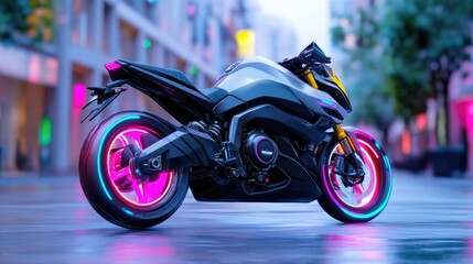Futuristic motorcycle on a city street at night