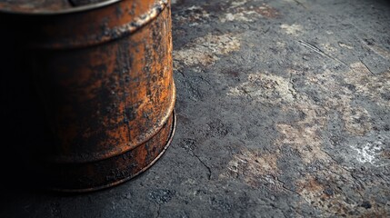 Fototapeta premium Aged Metal Barrel Against Cracked Industrial Floor, Texture and Decay