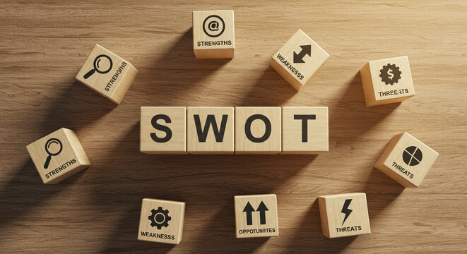 SWOT analysis Wooden blocks spelling SWOT surrounded by Strengths Weaknesses Opportunities and