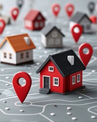 Real estate concept with miniature houses and location pins