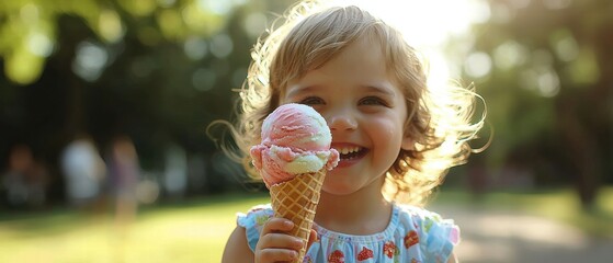 A joyful little girl delightfully enjoying a creamy ice cream cone on a sunny day