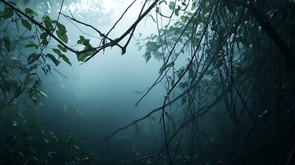Dark, misty rainforest with haunting vines and atmospheric space ideal for visual storytelling