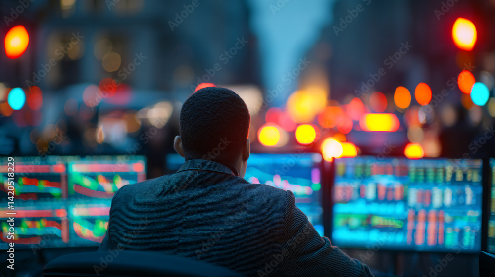 Poster back view of person sitting before multiple screens displaying data graphs, city night lights blurre