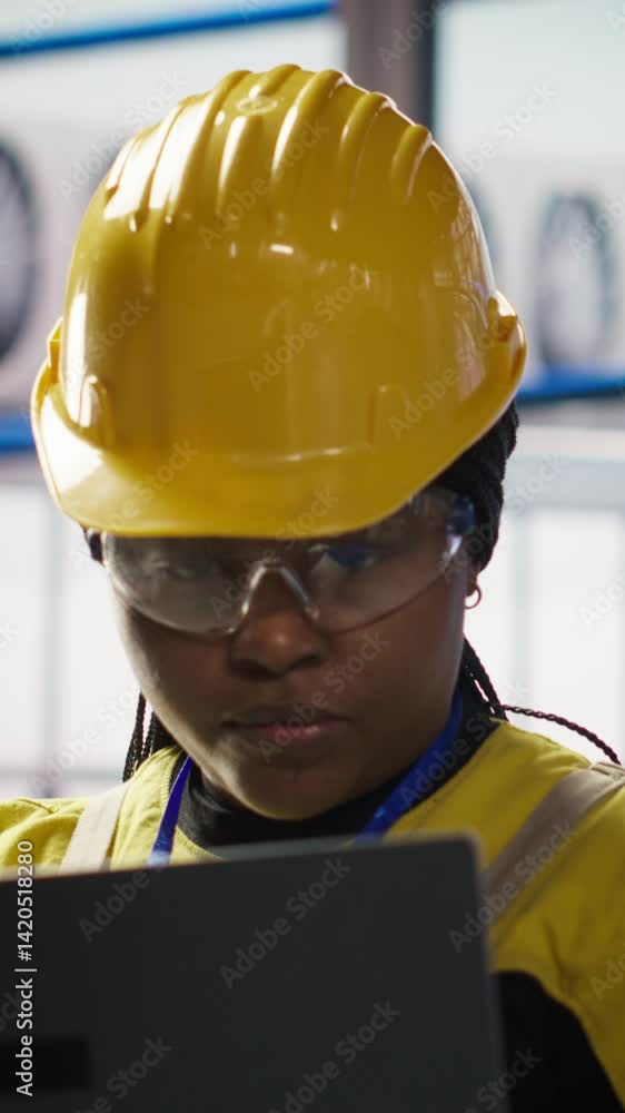 Poster vertical video smiling smart factory specialist testing automated systems to ensure reliability. hap