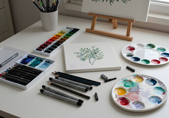Artistic Watercolor Painting Supplies Palette, Brushes, Pencils, Easel, Paints and Drawing on White Tabletop.