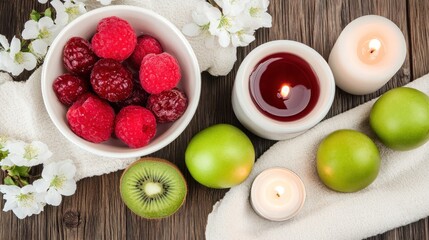 Fresh fruit and candle aromatherapy spa setting.