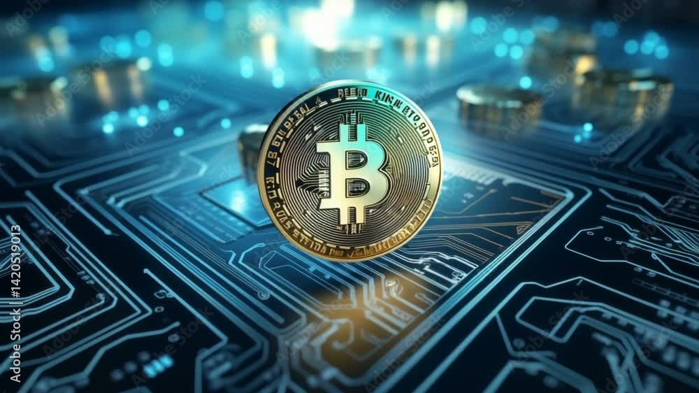 Poster bitcoin's digital realm: a close-up view of a gleaming bitcoin, set against the backdrop of a vibran