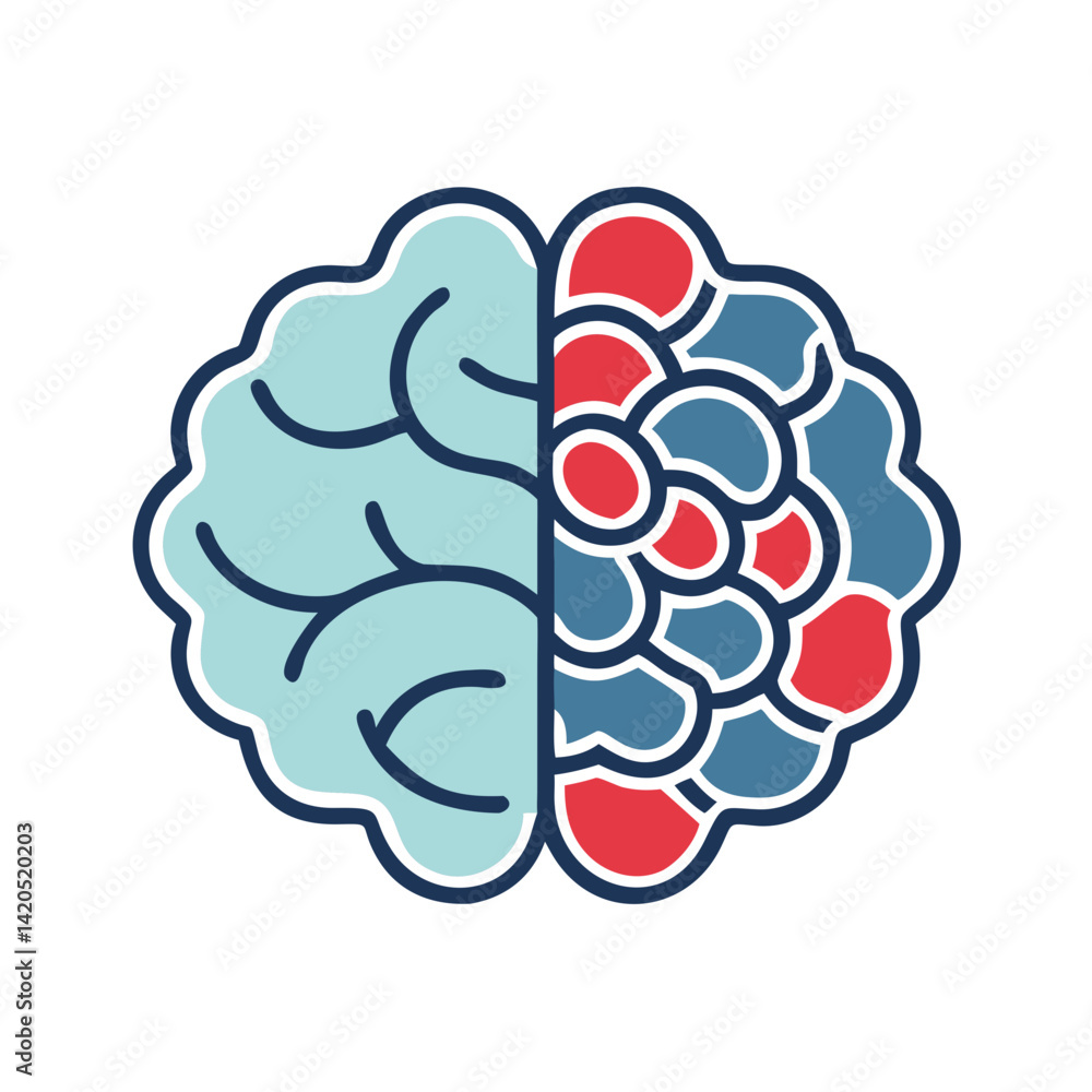 Poster brain icon representing creativity and logic in bold colors