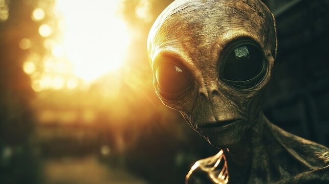 Alien Presence: An Extraterrestrial Being Glimpsed Against a Soft Bokeh Background of Warm Light