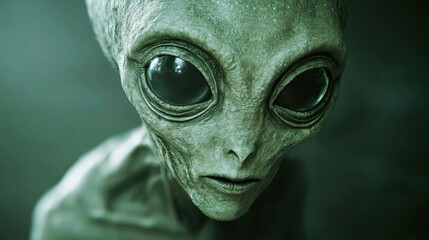 Obraz premium Close-up of an alien with large, dark eyes and textured gray-green skin, creating an eerie and intriguing extraterrestrial visage