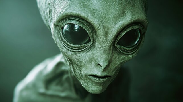 Close-up of an alien with large, dark eyes and textured gray-green skin, creating an eerie and intriguing extraterrestrial visage