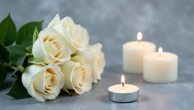 White Roses and Candles - A Gentle Farewell. Ideal for sympathy cards, funeral service announcements, memorial websites, grief counseling materials,