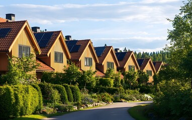 Obraz premium Eco-Friendly Wooden Houses Solar Panels Row