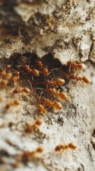 Ants Emerging from Nest in a Wall Crack, Close-Up View of Insect Colony