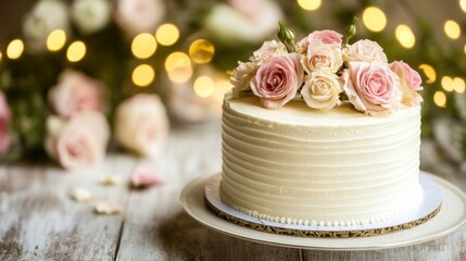 Fototapeta premium A beautifully decorated cake adorned with fresh roses is presented elegantly