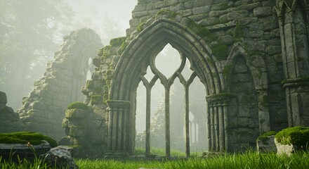 shide shot old building, Roman old stone bridge arch old gate ethereal allure and enchanting allure of mist in Wales encapsulates ancient landmarks, verdant landscapes, and eternal essence background 