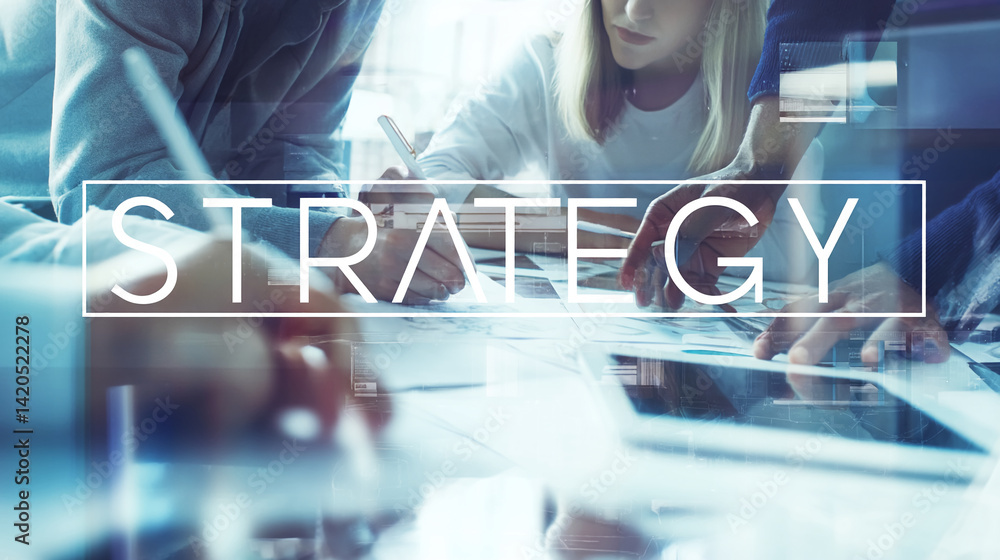 Poster blurred image of hands working on a strategy, showcasing teamwork and planning concepts. suggests co