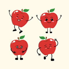 Fruit Cartoon Cute Apples with Different Emotions