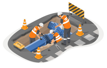 Utility workers performing maintenance on underground water pipeline beneath city road with safety cones and tools isometric cartoon