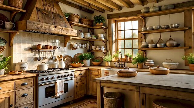 Cozy rustic kitchen with wooden cabinets, island, and vintage decor items