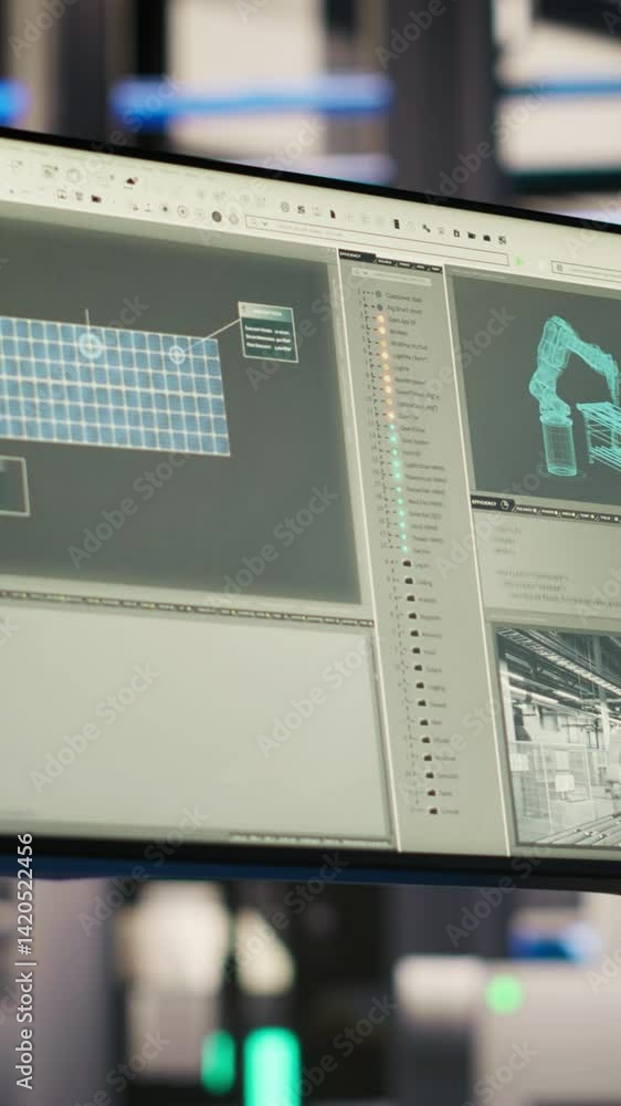 Poster vertical video robotics software on screen in smart factory used to inspect machinery for operationa