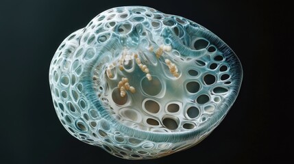 A translucent structure containing small organic golden spheres