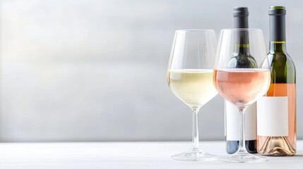 Two elegant wine glasses filled with white and ros wine standing on a white surface next to two bottles, soft focus background, and sophisticated beverage concept.