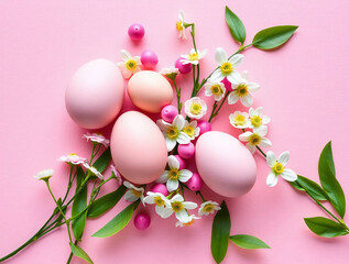 Easter eggs and flowers arranged on a textured pink background.
