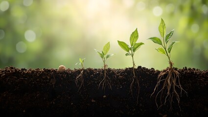 Vibrant time lapse sequence of a seed sprouting underground growing roots and shoots towards light symbolizing growth and success