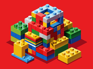 Fototapeta premium A professional vector of plastic construction blocks in primary colors, placed on a solid red background