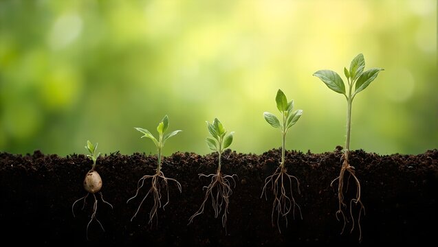 Vibrant time lapse sequence of a seed sprouting underground growing roots and shoots towards light symbolizing growth and success