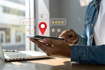 Local business reviews and customer feedback system on mobile device, showcasing star ratings for small businesses. Digital marketing, local SEO, and consumer experience in online business reviews
