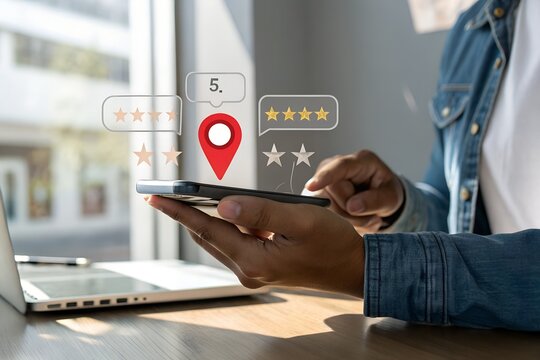 Local business reviews and customer feedback system on mobile device, showcasing star ratings for small businesses. Digital marketing, local SEO, and consumer experience in online business reviews
