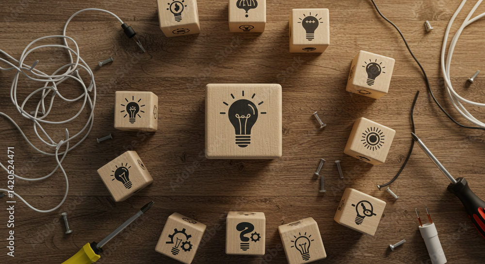 Poster innovative ideas lightbulb concept with wooden blocks tools and wires on a rustic table