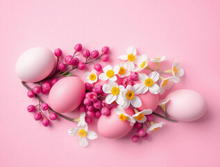 Easter eggs and flowers are arranged on a textured pink background.