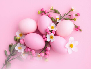 Easter eggs and flowers are arranged on a textured pink background.
